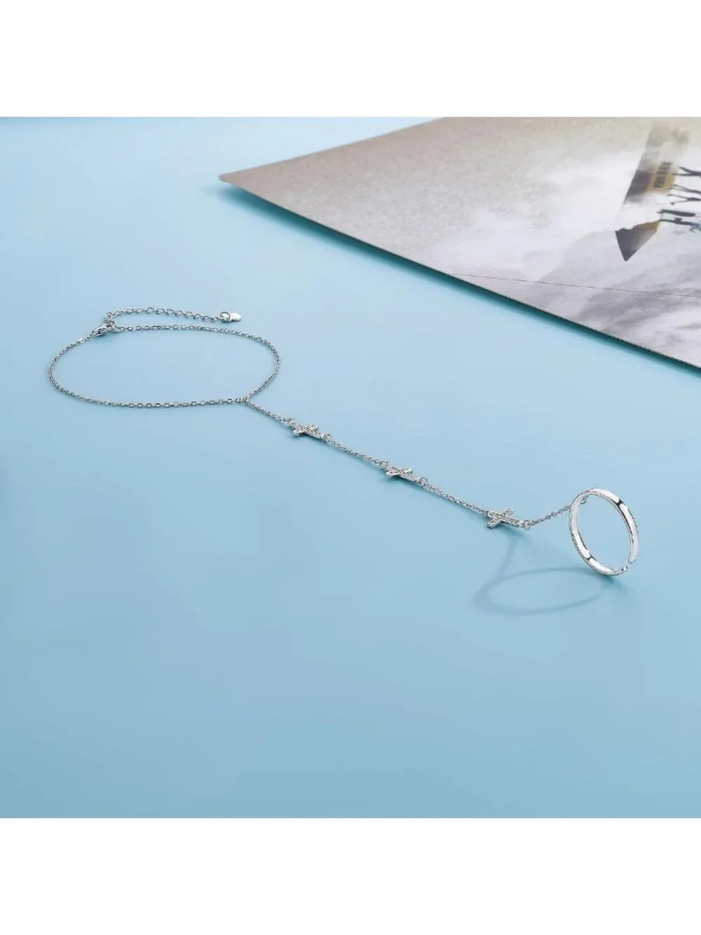 Adjustable S925 Sterling Silver Cross Eye Bead Ring & Bracelet Set for Women